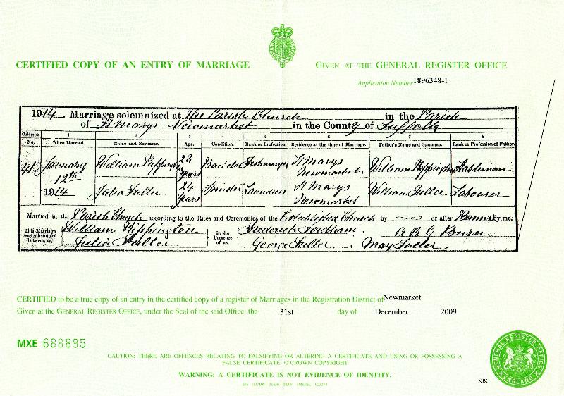 Rippington (William) & Fuller (Julia) 1914 Marriage Certificate